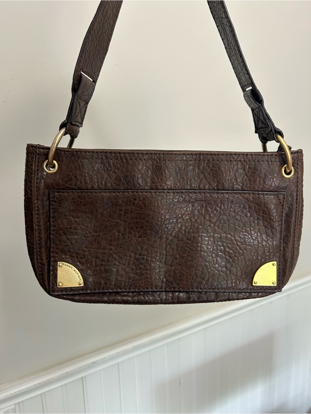 Vintage Tommy Hilfiger Y2K Dark Brown Pebbled Leather Baguette Shoulder Bag